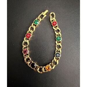 Vintage Rhinestone Chain Bracelet Gold Tone Jewel Tone Marked USA